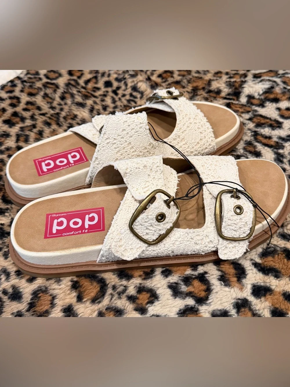 pop Women's Cream Double-Buckle Textile Slide Sandals